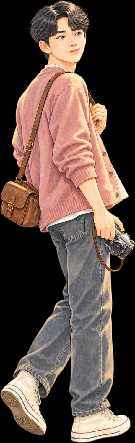 작은 서점과 찻집이 있는 오래된 골목을 천천히 걷는 여행자
